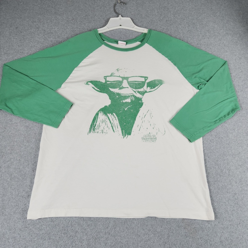 Vintage Star Wars Baseball T Shirt Mens XL Green White Yoda Sunglasses Graphic